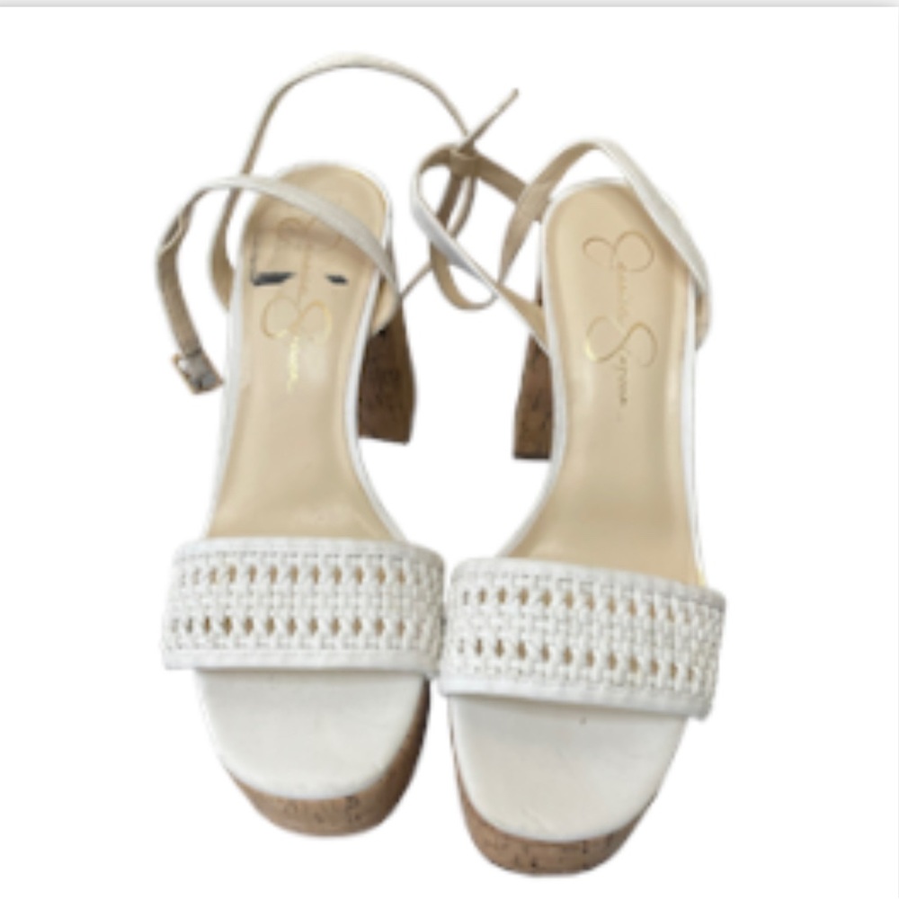 NEW JESSICA SIMPSON white‎ Chunky Platform Heel Sandals Size  9  Cork Tan 5”